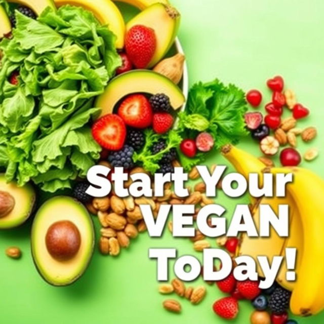 A vibrant and engaging poster promoting a vegan diet, featuring an array of colorful fruits and vegetables arranged artistically