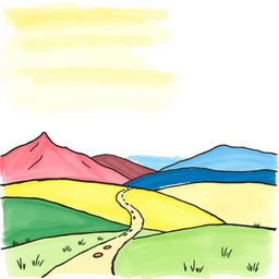 A colorful, hand-drawn, minimalist landscape illustration in black ink, inspired by the charming cartoon styles of Peppa Pig, Bluey, and Charlie and Lola