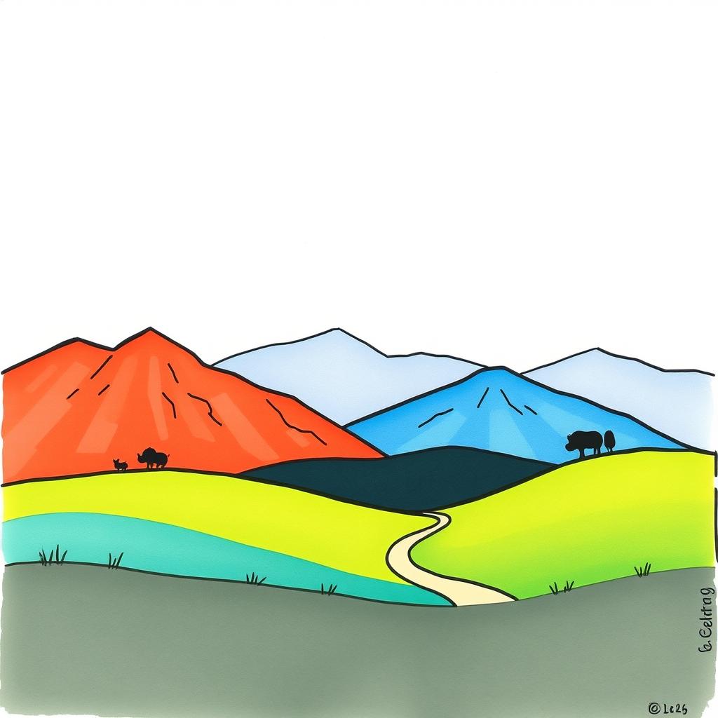 A colorful, hand-drawn, minimalist landscape illustration in black ink, inspired by the charming cartoon styles of Peppa Pig, Bluey, and Charlie and Lola