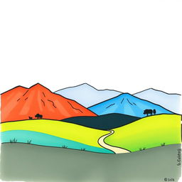 A colorful, hand-drawn, minimalist landscape illustration in black ink, inspired by the charming cartoon styles of Peppa Pig, Bluey, and Charlie and Lola