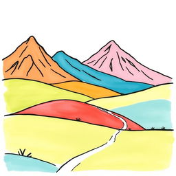 A colorful, hand-drawn, minimalist landscape illustration in black ink, inspired by the charming cartoon styles of Peppa Pig, Bluey, and Charlie and Lola