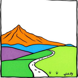 A colorful, hand-drawn, minimalist landscape illustration in black ink, inspired by the charming cartoon styles of Peppa Pig, Bluey, and Charlie and Lola
