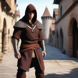 A revision of the previous digital art, now showing the sorcerer fighter's short, brown hair with the hood removed