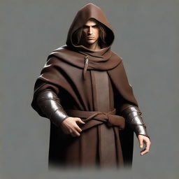 A revision of the previous digital art, now showing the sorcerer fighter's short, brown hair with the hood removed