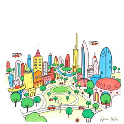 A vibrant, hand-drawn, minimalist illustration in black ink, inspired by the playful cartoon styles of Peppa Pig, Bluey, and Charlie and Lola