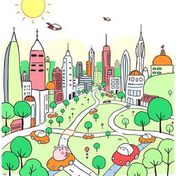 A vibrant, hand-drawn, minimalist illustration in black ink, inspired by the playful cartoon styles of Peppa Pig, Bluey, and Charlie and Lola