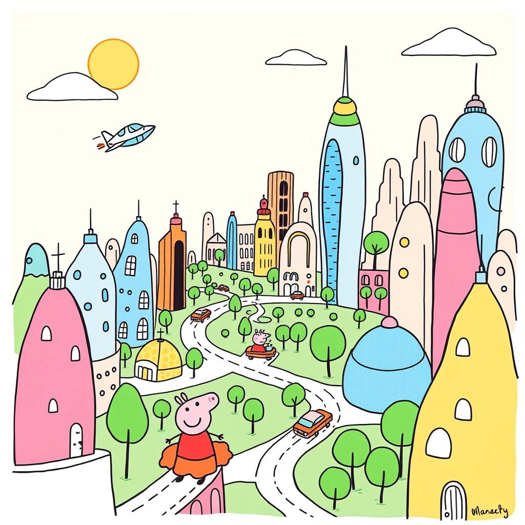 A vibrant, hand-drawn, minimalist illustration in black ink, inspired by the playful cartoon styles of Peppa Pig, Bluey, and Charlie and Lola