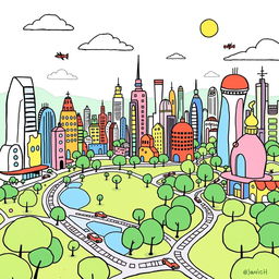 A vibrant, hand-drawn, minimalist illustration in black ink, inspired by the playful cartoon styles of Peppa Pig, Bluey, and Charlie and Lola