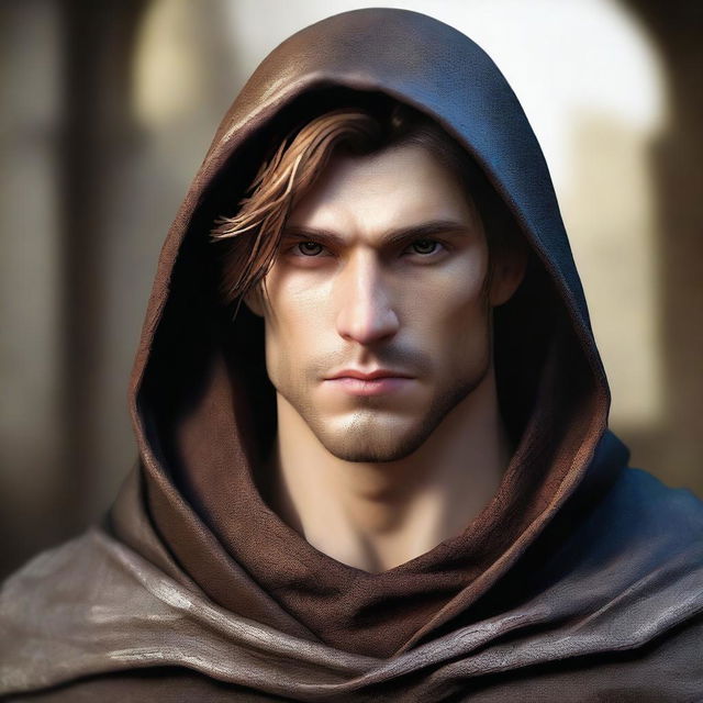 A revision of the previous digital art, now showing the sorcerer fighter's short, brown hair with the hood removed