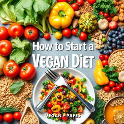 A vibrant and colorful cookbook cover design for a vegan diet