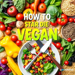 A vibrant and colorful cookbook cover design for a vegan diet