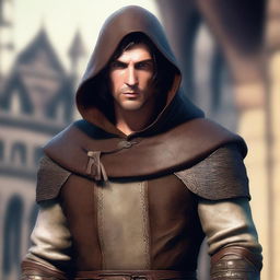 A revised digital art image of an average-looking 30-year-old European male sorcerer fighter, now with his hood removed to fully reveal his short brown hair and strong facial features