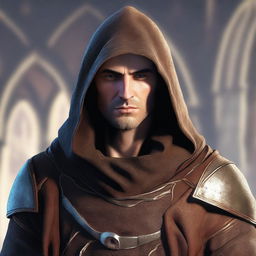 A revised digital art image of an average-looking 30-year-old European male sorcerer fighter, now with his hood removed to fully reveal his short brown hair and strong facial features