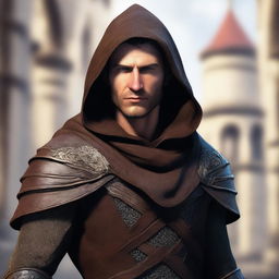 A revised digital art image of an average-looking 30-year-old European male sorcerer fighter, now with his hood removed to fully reveal his short brown hair and strong facial features