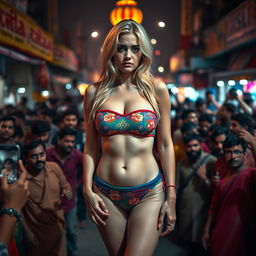 A sad yet strikingly beautiful busty blonde woman wearing a strapless, colorful bikini and small panties, showcasing her large breasts and sexy legs