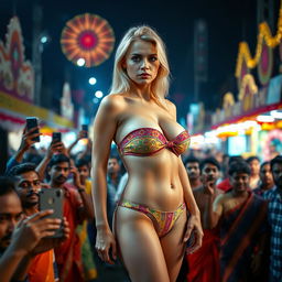 A sad yet strikingly beautiful busty blonde woman wearing a strapless, colorful bikini and small panties, showcasing her large breasts and sexy legs