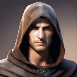 A revised digital art image of an average-looking 30-year-old European male sorcerer fighter, now with his hood removed to fully reveal his short brown hair and strong facial features