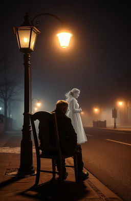 A cold night scene portraying an empty street, illuminated by a vintage streetlight casting a warm glow