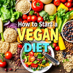 A vibrant and colorful cookbook cover design for a vegan diet