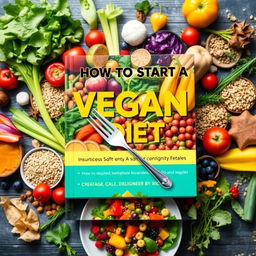 A vibrant and colorful cookbook cover design for a vegan diet