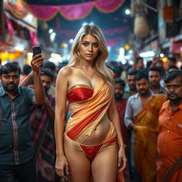 A sad yet strikingly attractive busty blonde woman wearing a strapless saree bikini that highlights her large breasts and sexy legs, along with a revealing small panty