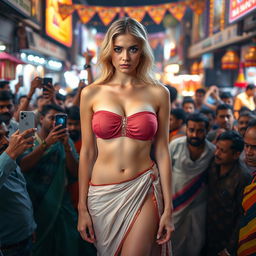 A sad yet strikingly attractive busty blonde woman wearing a strapless saree bikini that highlights her large breasts and sexy legs, along with a revealing small panty