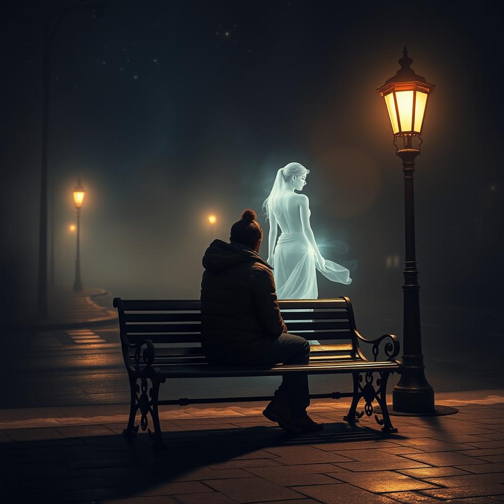 A cold night scene depicting an empty street, featuring a sturdy iron bench designed for two, situated beside a classic streetlight that casts a warm, inviting glow