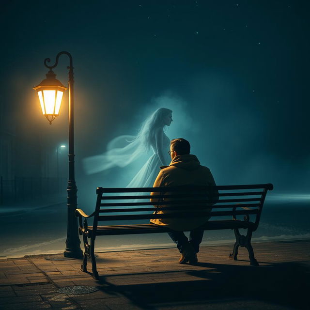 A cold night scene depicting an empty street, featuring a sturdy iron bench designed for two, situated beside a classic streetlight that casts a warm, inviting glow