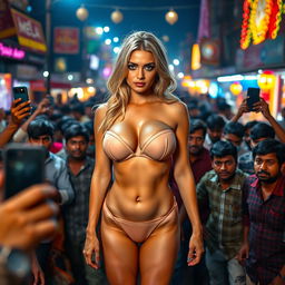 A sad yet strikingly attractive busty blonde woman wearing a monokini that accentuates her large breasts and sexy legs, paired with a small panty