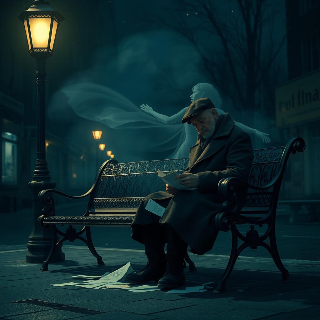 A cold night scene depicting an empty street with a sturdy iron bench designed for two, beside a vintage streetlight that casts a warm, inviting light