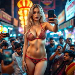 A sad yet captivating busty blonde woman wearing a colorful monokini bikini that showcases her large breasts and sexy legs, paired with a small panty