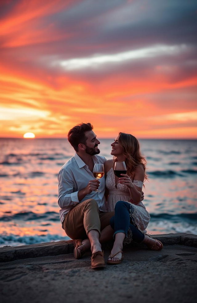 A romantic couple sitting together on the coast, embracing each other with a glass of wine in hand