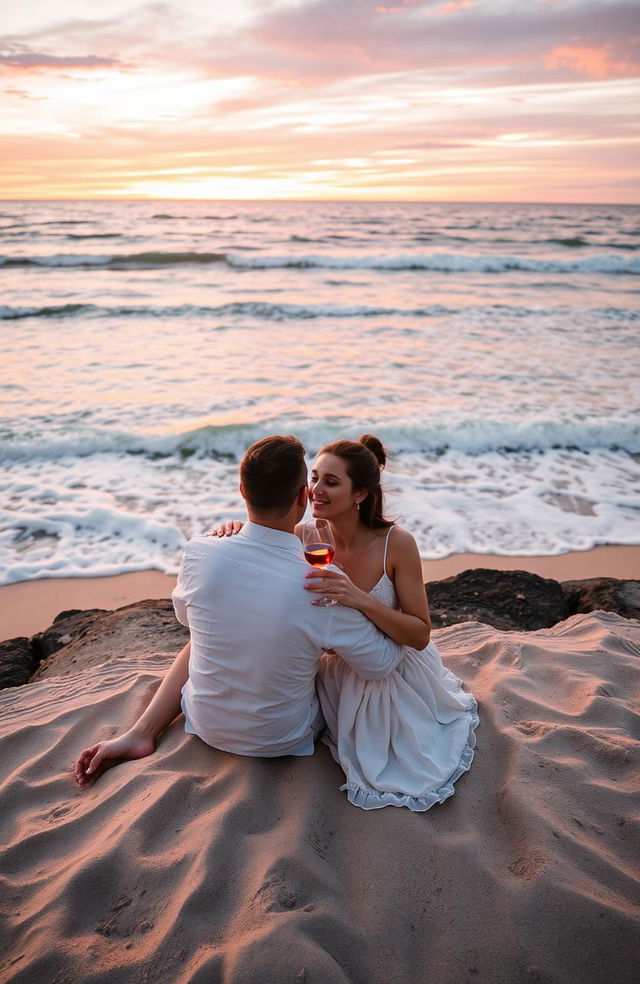 A couple sitting together on the coast, embracing each other while holding a glass of wine