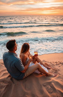 A couple sitting together on the coast, embracing each other while holding a glass of wine