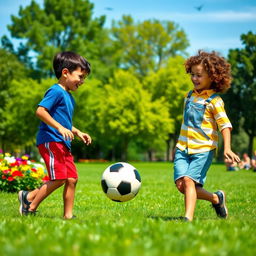 Two boys laughing and playing in a sunlit park, surrounded by green trees and colorful flowers