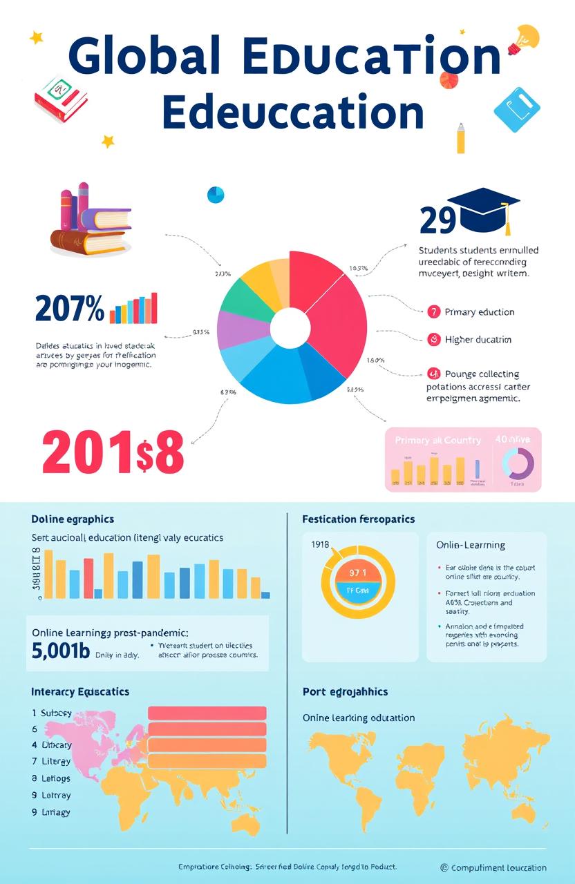 A visually appealing infographic that highlights important statistics related to global education, featuring colorful charts and graphs