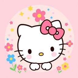 A whimsical, fun, and cheerful illustration of Hello Kitty, featuring her iconic design with a pink bow on her left ear, a simple yet charming face with round black eyes and a cute little nose