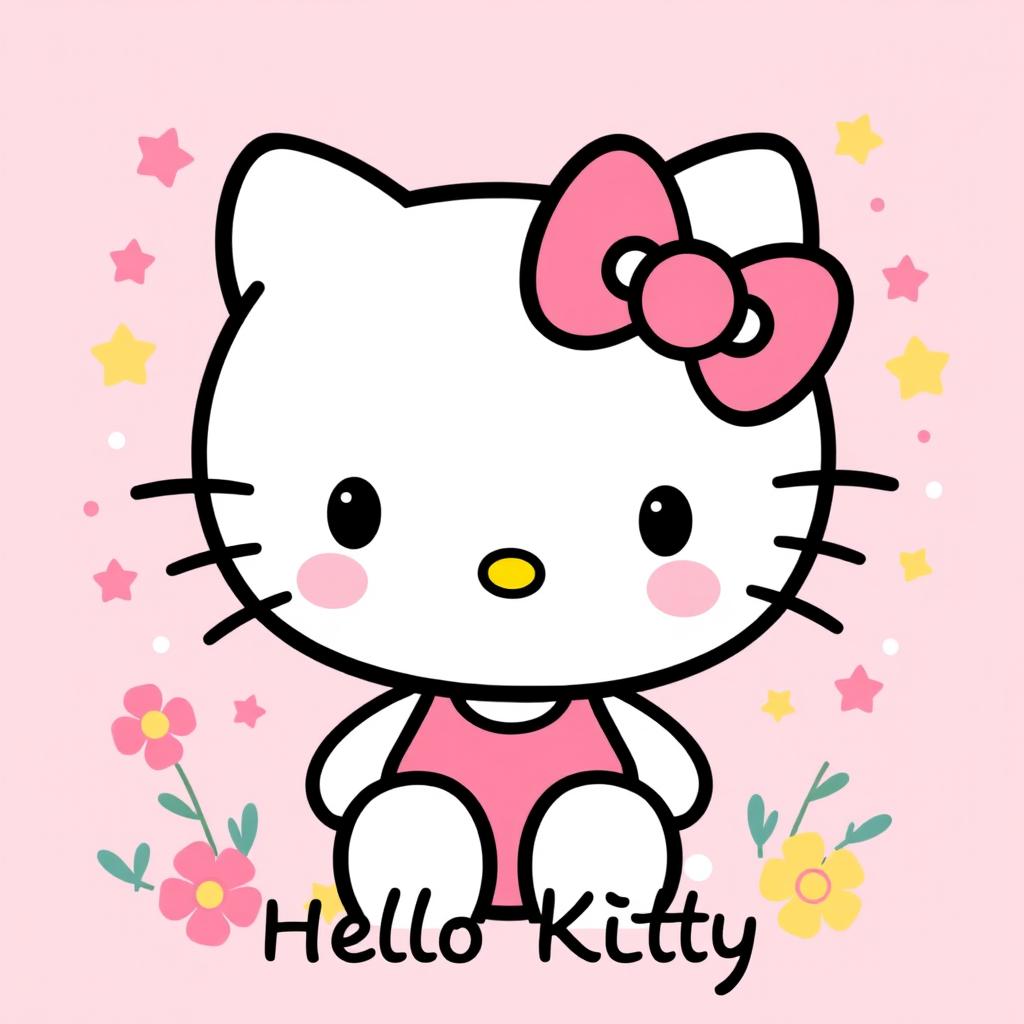 A whimsical, fun, and cheerful illustration of Hello Kitty, featuring her iconic design with a pink bow on her left ear, a simple yet charming face with round black eyes and a cute little nose