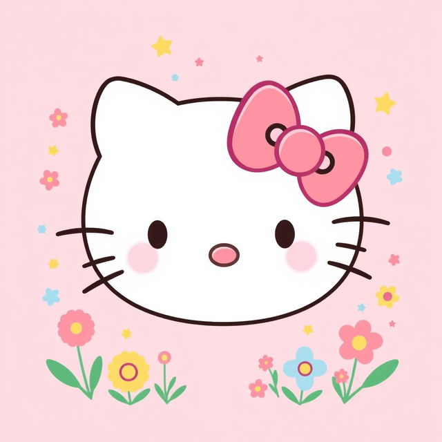 A whimsical, fun, and cheerful illustration of Hello Kitty, featuring her iconic design with a pink bow on her left ear, a simple yet charming face with round black eyes and a cute little nose