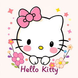 A whimsical, fun, and cheerful illustration of Hello Kitty, featuring her iconic design with a pink bow on her left ear, a simple yet charming face with round black eyes and a cute little nose