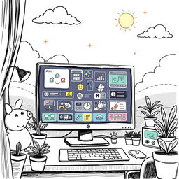 A detailed, hand-drawn illustration in black ink, influenced by the playful cartoon styles of Peppa Pig, Bluey, and Charlie and Lola
