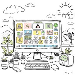 A detailed, hand-drawn illustration in black ink, influenced by the playful cartoon styles of Peppa Pig, Bluey, and Charlie and Lola