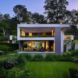 A sophisticated, modern house with large glass windows, open plan living space, surrounded by a lush green garden in a peaceful neighborhood.