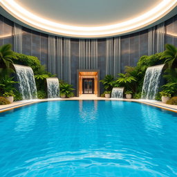 A stunning indoor swimming pool with a striking front wall decorated with artificial waterfalls cascading down beautifully