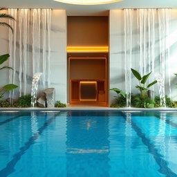 A stunning indoor swimming pool with a striking front wall decorated with artificial waterfalls cascading down beautifully
