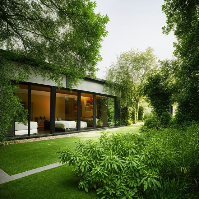 A sophisticated, modern house with large glass windows, open plan living space, surrounded by a lush green garden in a peaceful neighborhood.