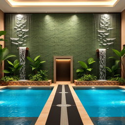 A stunning indoor swimming pool with a striking front wall decorated with artificial waterfalls cascading down beautifully