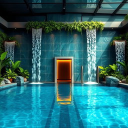 A stunning indoor swimming pool with a striking front wall decorated with artificial waterfalls cascading down beautifully