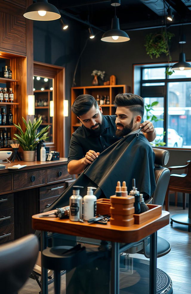 A skilled barber named Reza Biderang, showcasing his talent in a stylish barbershop