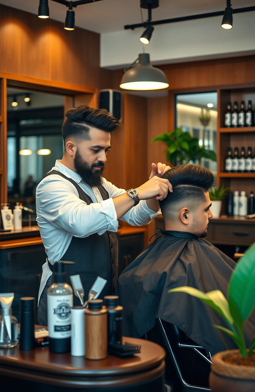 A skilled barber named Reza Biderang, showcasing his talent in a stylish barbershop